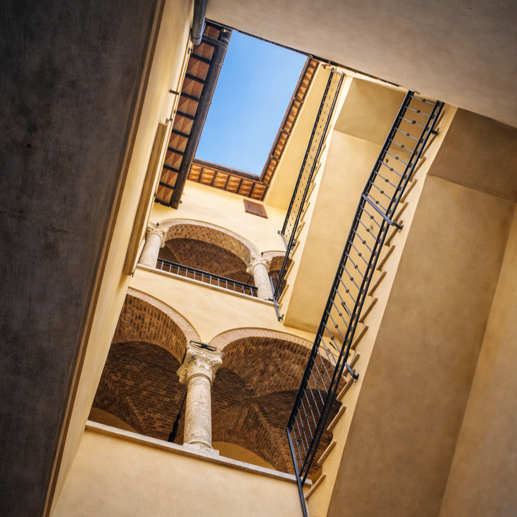 Cortile storico palazzo Ascoli Piceno centro con archi e colonne