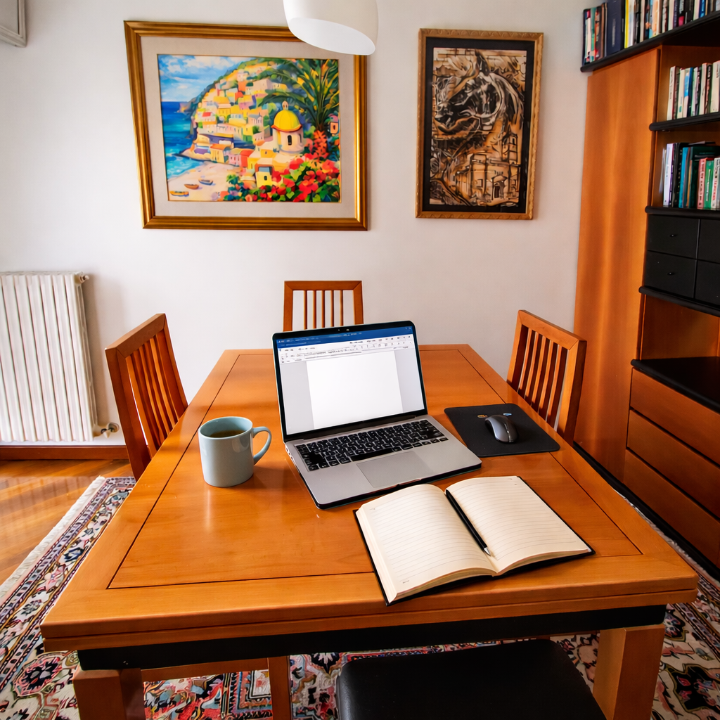 Zona lavoro appartamento Ascoli Piceno centro con tavolo laptop e WiFi