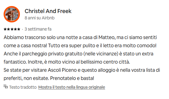 Recensione Airbnb di ospiti soddisfatti che apprezzano la pulizia, il parcheggio privato e la posizione centrale di Casa Ascenzi ad Ascoli Piceno
